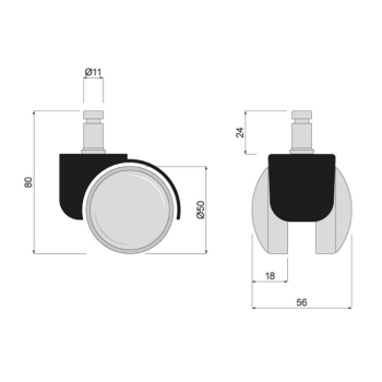 Kółko obrotowe gumowe T B-11 50mm, trzpień Ø11 długość 24mm, ATM